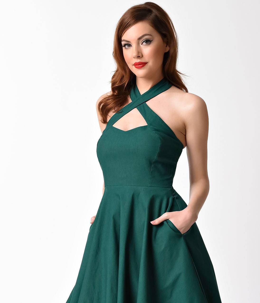 Unique Vintage 1950s Style Emerald Green Stretch Sleeved Devon Swing Dress K006