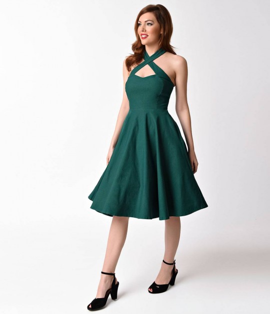 Blue - Unique Vintage 1950s Style Emerald Green Stretch Sleeved Devon Swing Dress K0026